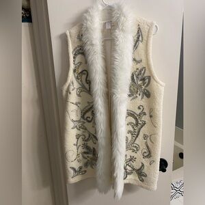 Chico's Embellished Ivory Knit Lined Vest with Faux Fur Trim Size L/XL Chico’s 3